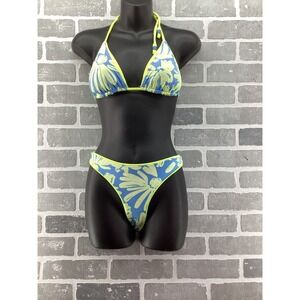 Maaji Blue Neon Lime Green Floral Ribbed Triangle Bikini Set Medium